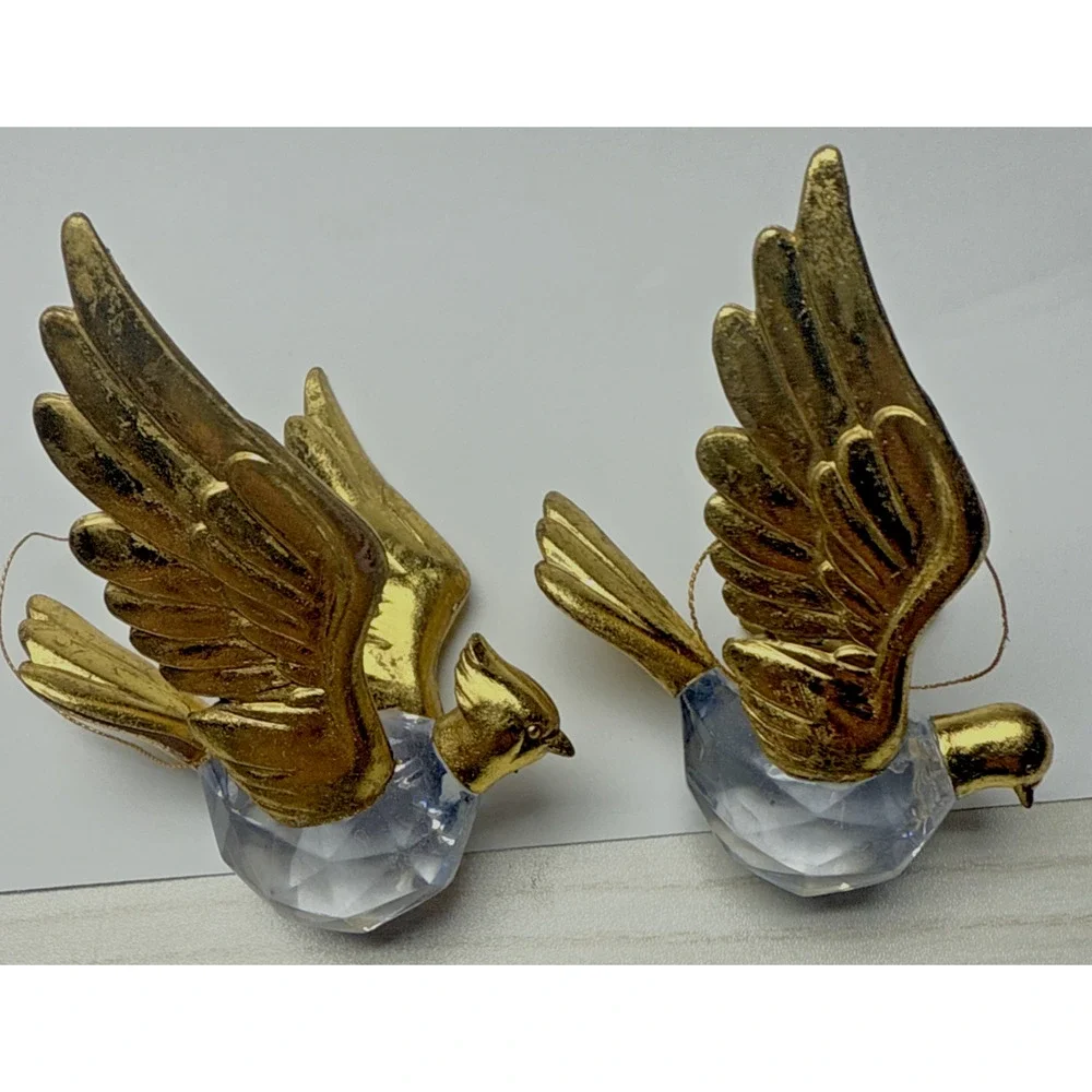 Vtg Lot of 2 Flying Cardinal Bird Plastic Acrylic Faceted Ornaments Gold As Is